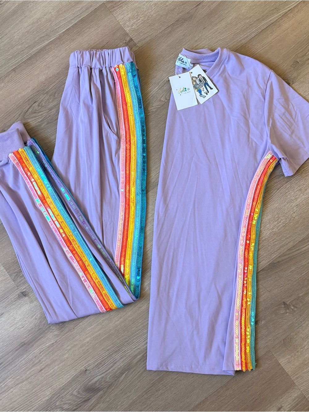 Lola + The Boys Lilac Jogger Set with Rainbow Sequin Stripes